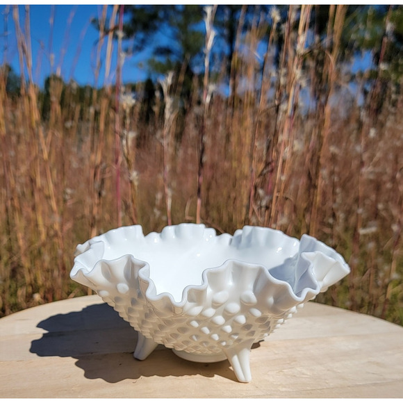 Fenton Milk Glass Hobnail Ruffled Footed Bowl 8" Oval Logo Vintage 1970s USA - Picture 3 of 10